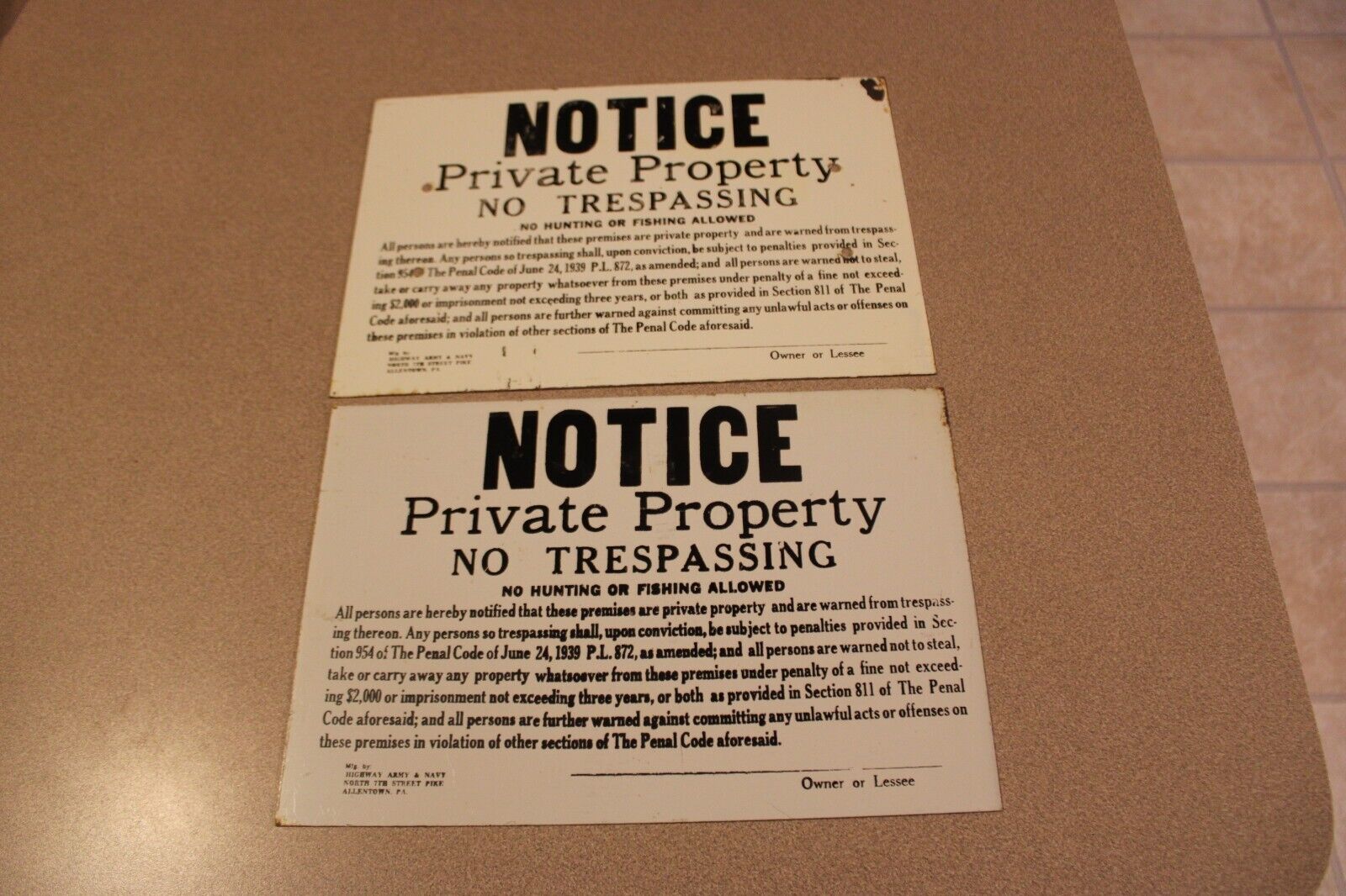 2 Vtg Private Property No Trespassing Painted Steel Sign Army & Navy Allentown