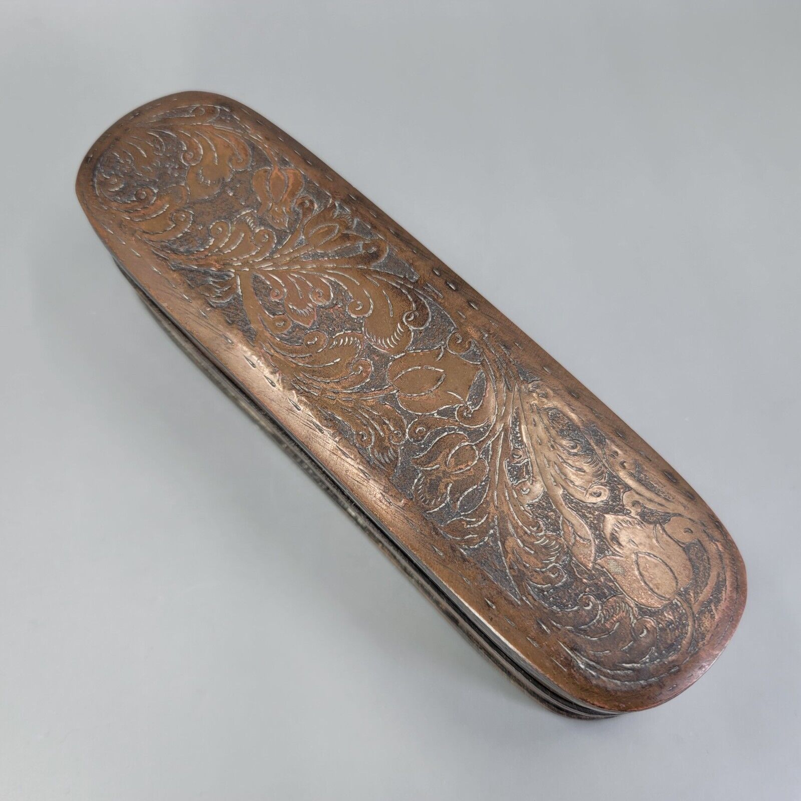 Early 18th Century Antique Copper Dutch Table Tobacco Box - Unique Hand Engraved