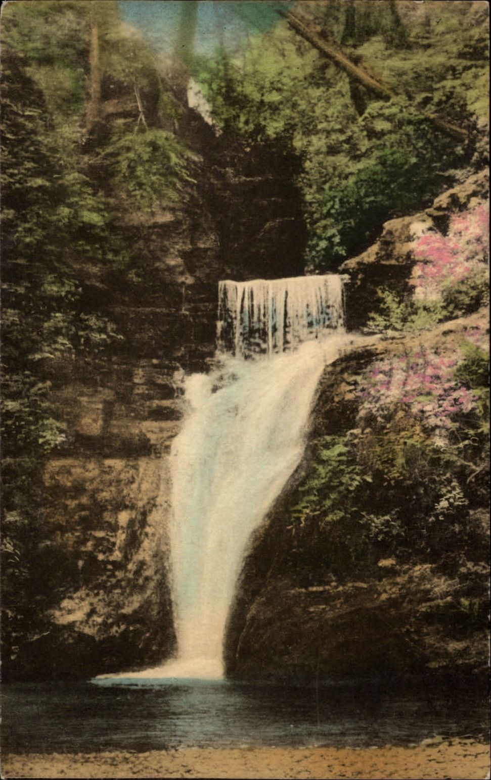 Lower Falls ~ Buck Hill Falls Pennsylvania ~ 1942 hand colored postcard