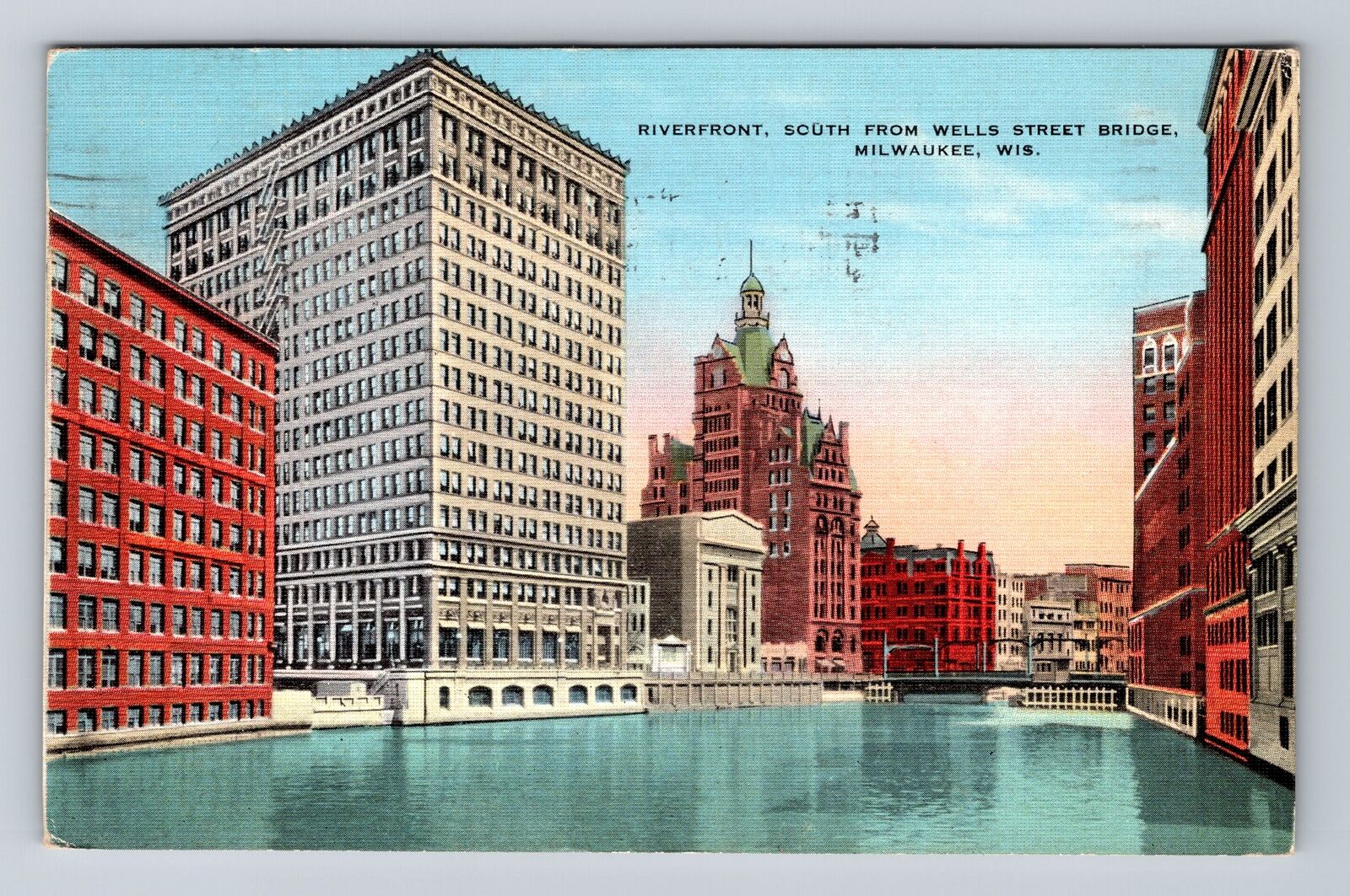 Milwaukee WI-Wisconsin, Riverfront, Wells Street Bridge, Vintage Postcard