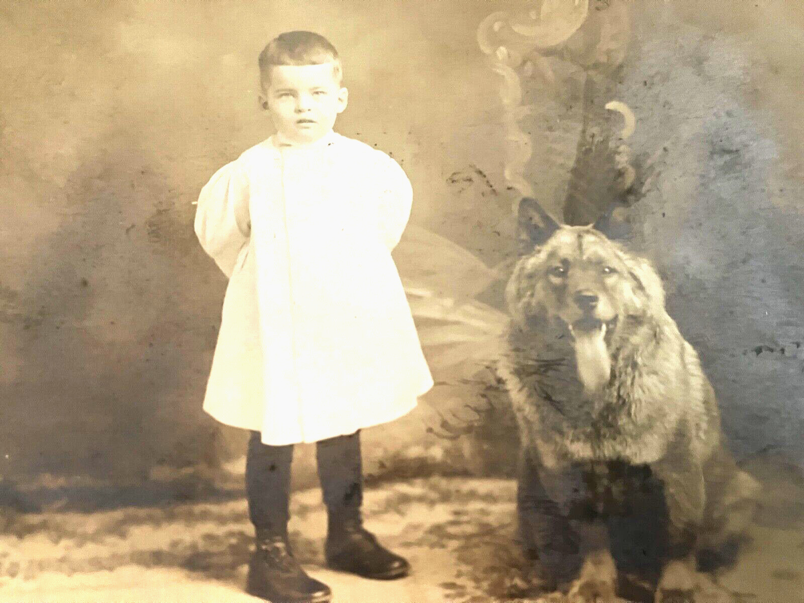ANTIQUE ORIGINAL POSTCARD, CHARMING TODDLER, W/ BEAUTIFUL CHOW DOG, 116 YRS OLD