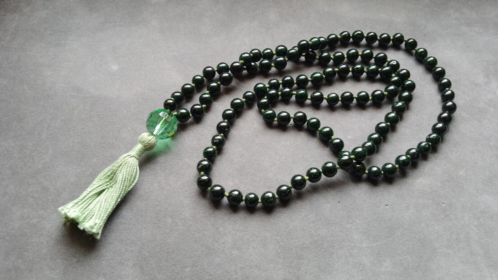 Green Sandstone Prayer Mala 108 Bead Hand Knotted Necklace 8mm Meditation Yoga.