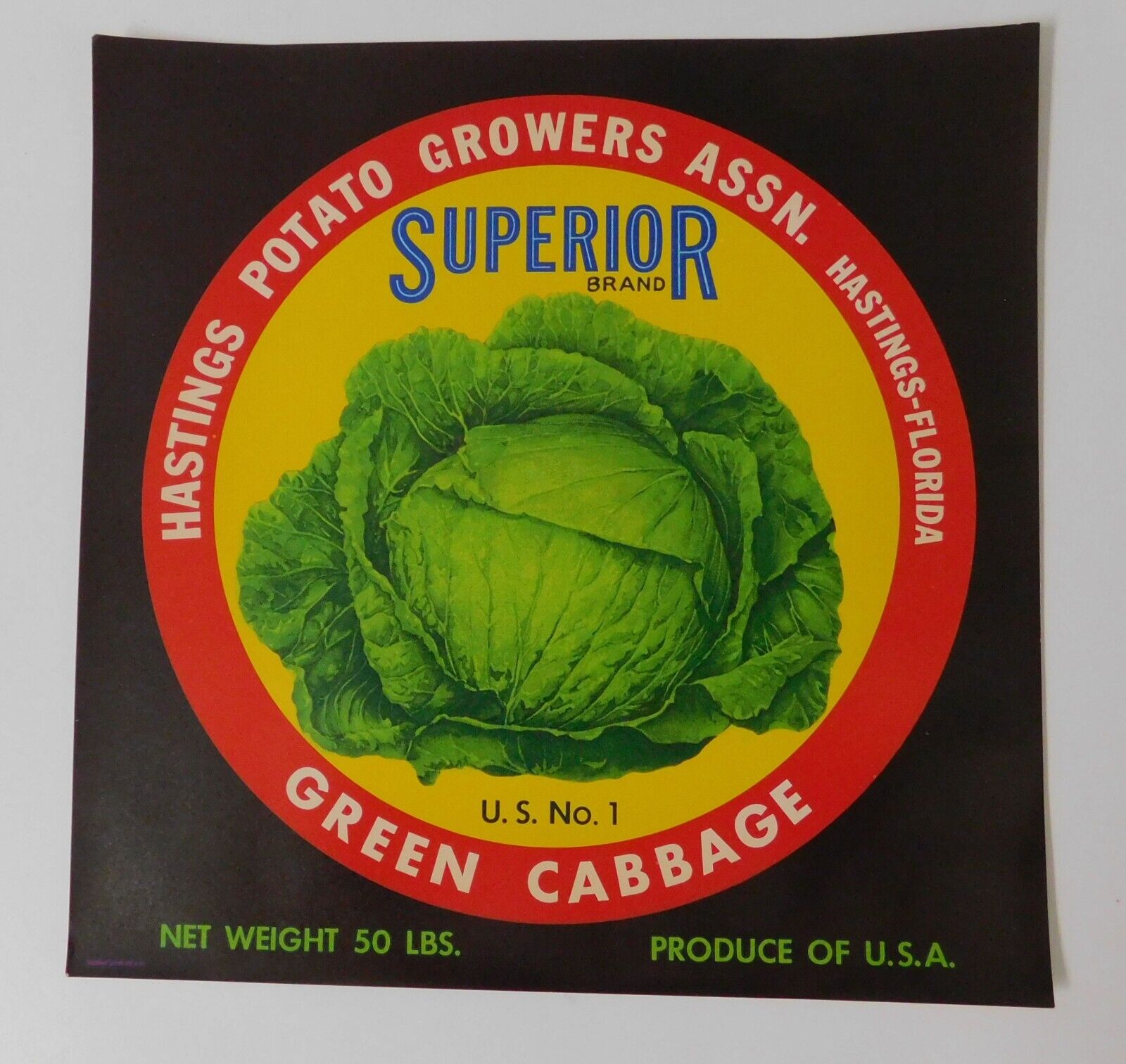 Vintage Superior  Florida Cabbage Crate label ,Hastings, Florida..