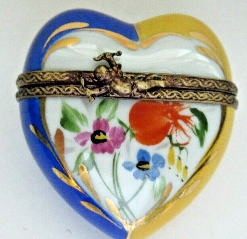 Peint Main Limoges Trinket - Unique Blue And Yellow Heart Box