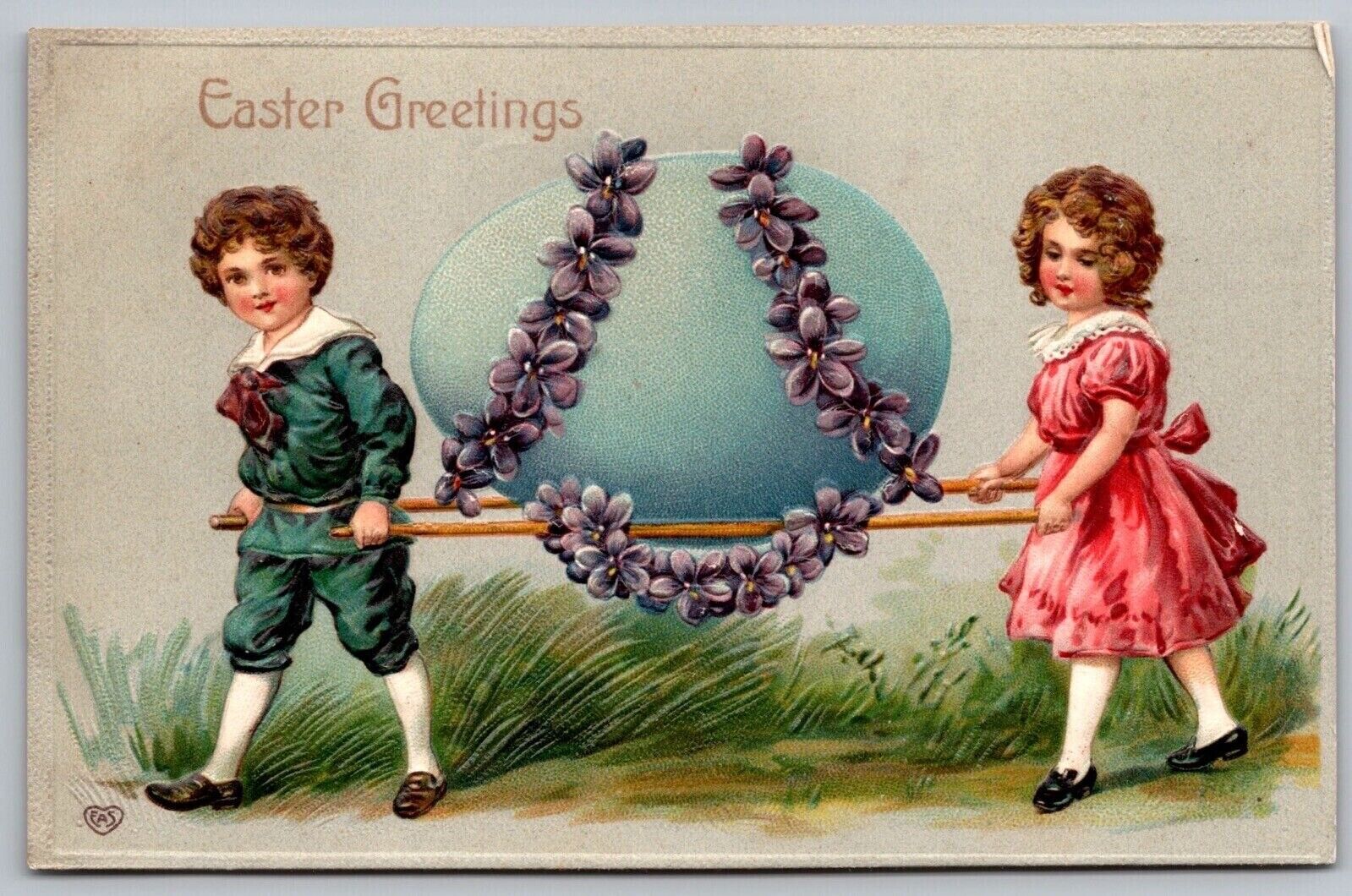 Easter Greetings Antique Embellished Postcard UNP WOB DB Germany Children Egg