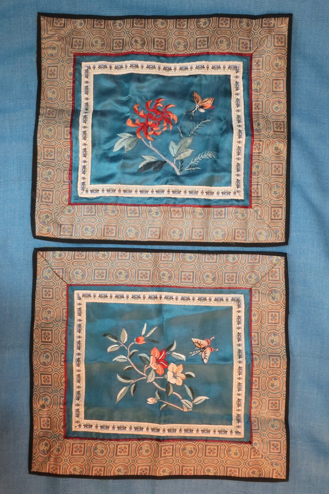 2 Vintage Asian Tapestries Silk Embroidery Flowers Butterflies 10\