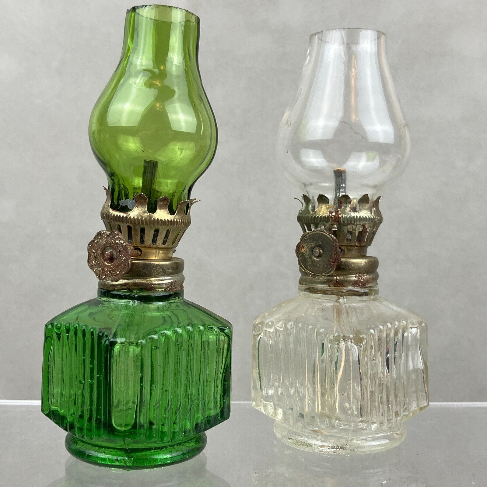 Vintage Hong Kong Clear & Green Glass Miniature Oil Lamp Pair Ribbed Square