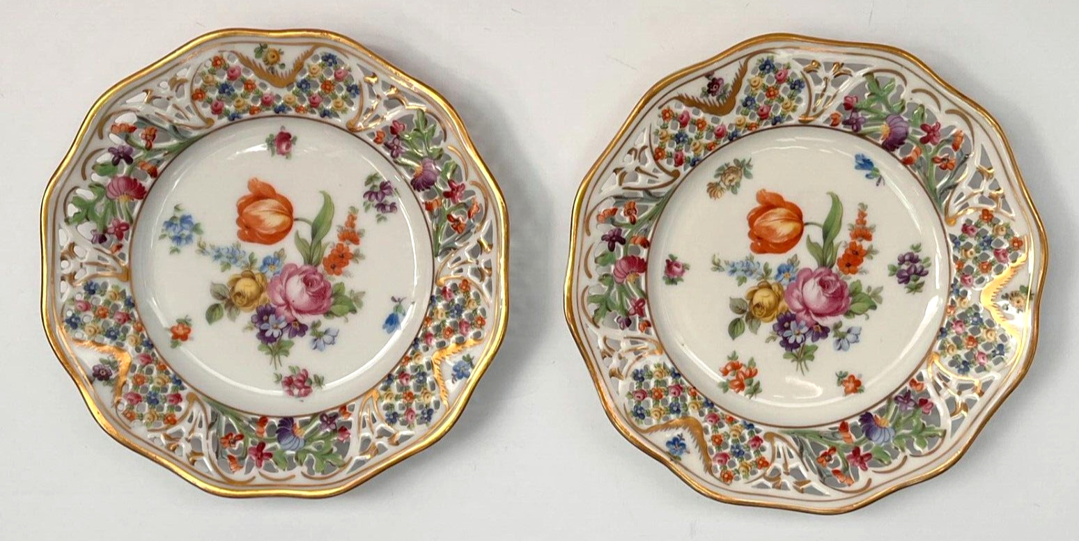 2 Vtg Schumann Bavaria Chateau Dresden Hand Painted Floral Gilt Pierced Plates