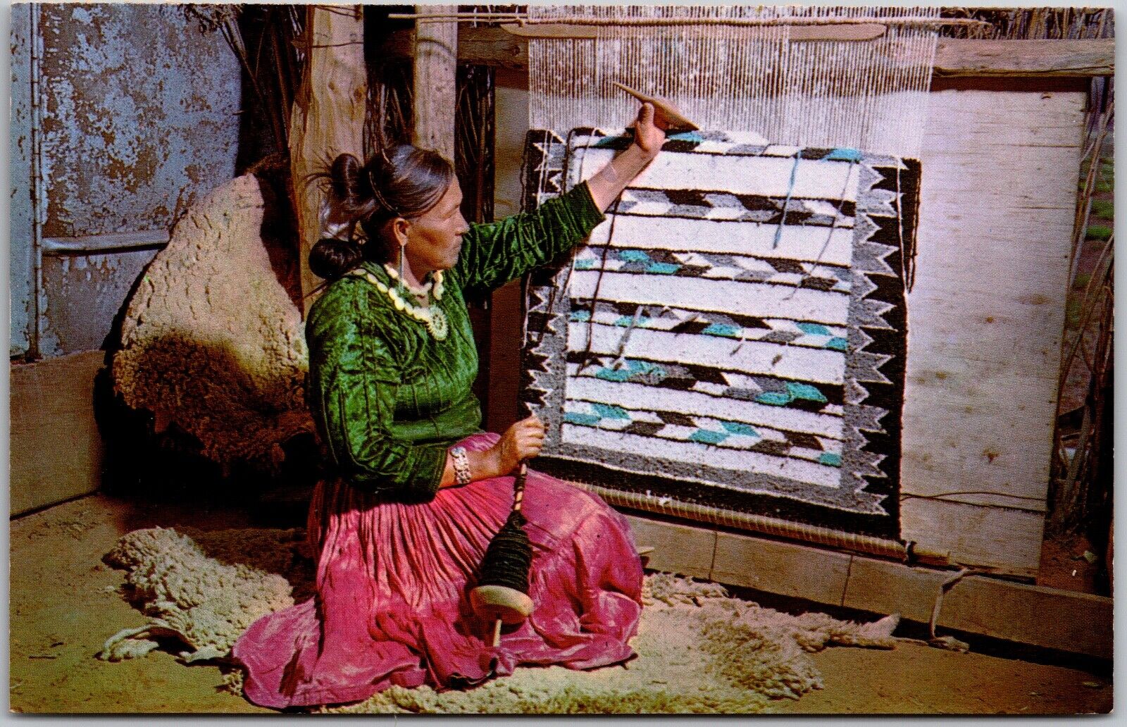 Postcard Vintage Chrome Navajo Rug Weaver Arizona AZ