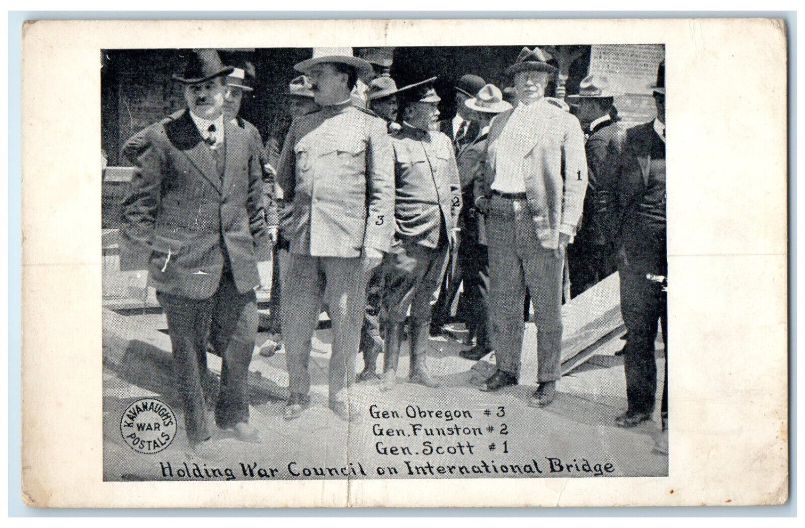 c1940's Holding War Council on International Bridge Mexico War Vintage Postcard