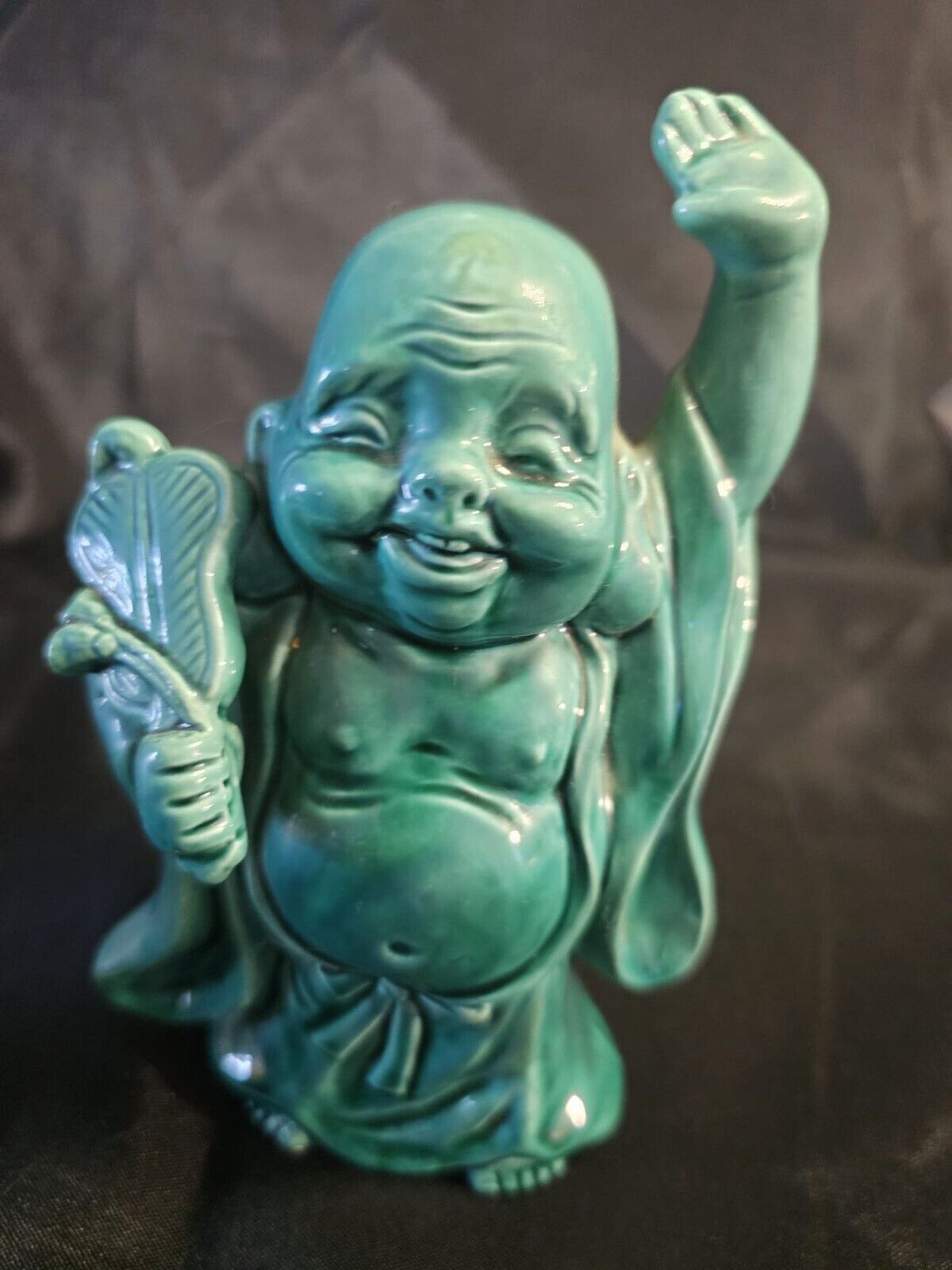 Japanese Vintage Happy Budha FigurineTurquoise Glazed Ceramic Raised Arm 7\