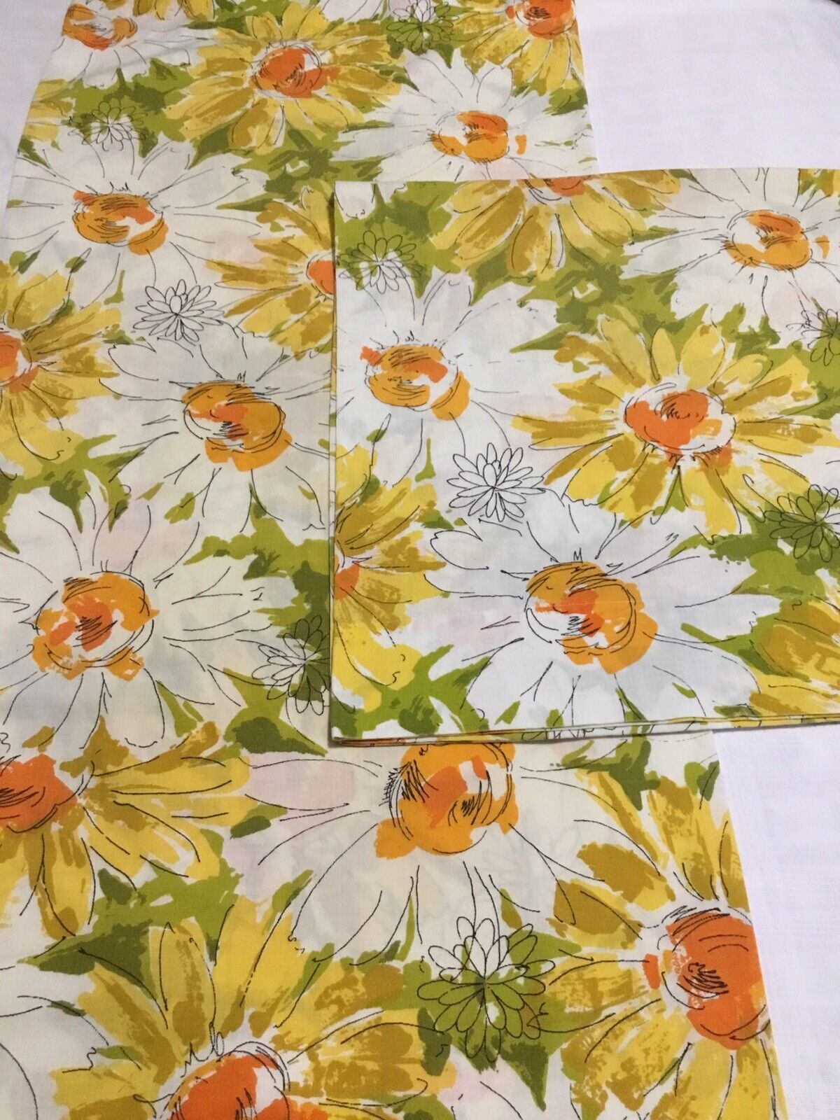 Vintage Retro King Size Pillowcase Set, Yellow Orange Flowers, Muslin No Iron