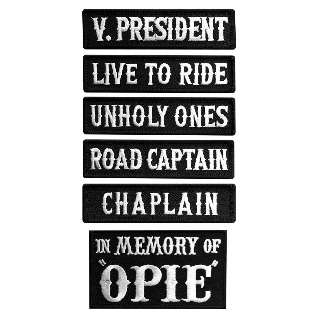 Officer Title Rank Vest Patches VP Chaplain Opie MC Biker Patch (6PC B/W)