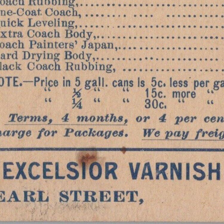 1892 Excelsior Varnish Works Dealer Pricelist 381 Pearl Street New York City #4