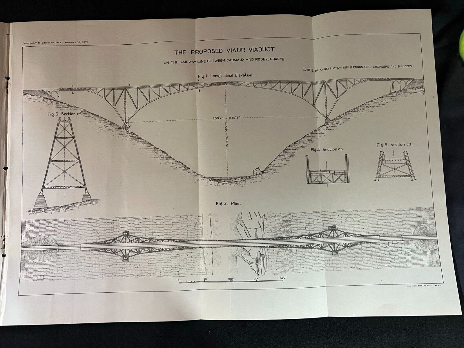 1889 Industrial Illustration/Drawing The Proposed Viaur Viaduct France