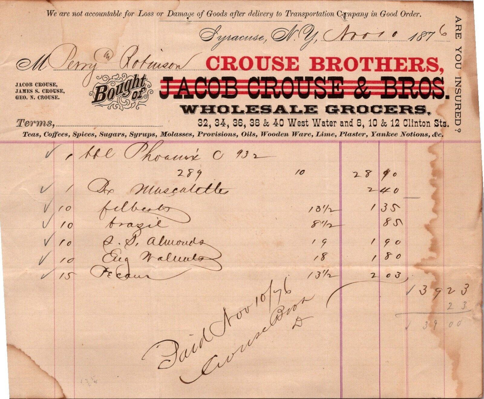 1876 CROUSE BROTHERS WHOLESALE GROCERS WATER ST CLINTON ST SYRACUSE NY AC313