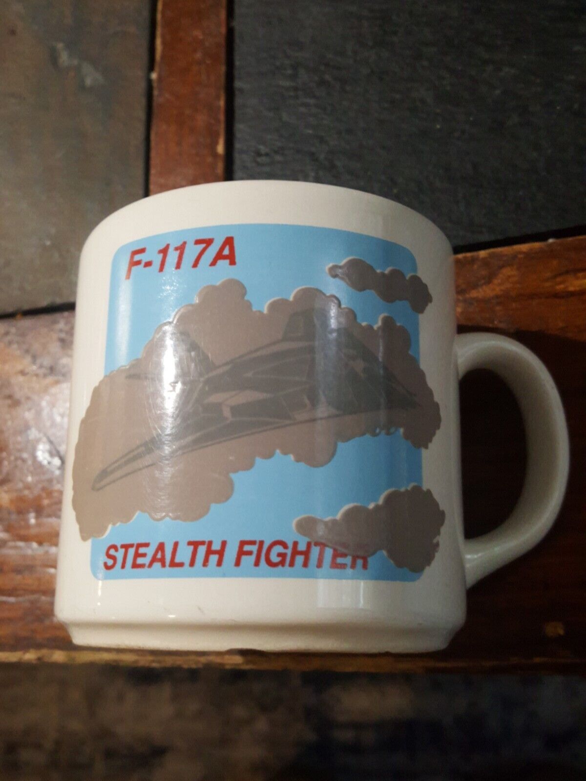 1989 F-117A STEALTH FIGHTER vintage coffee cup mug LOCKHEED NIGHTHAWK JET PLANE