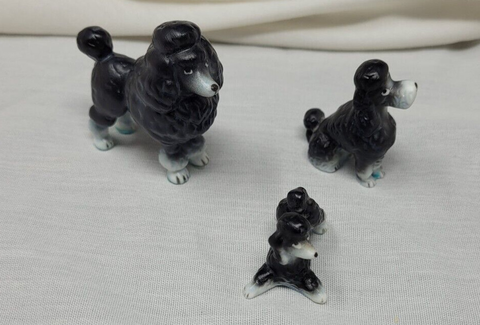 Vintage Miniature Poodle Figurine Set Of 3 Mini Black Dogs