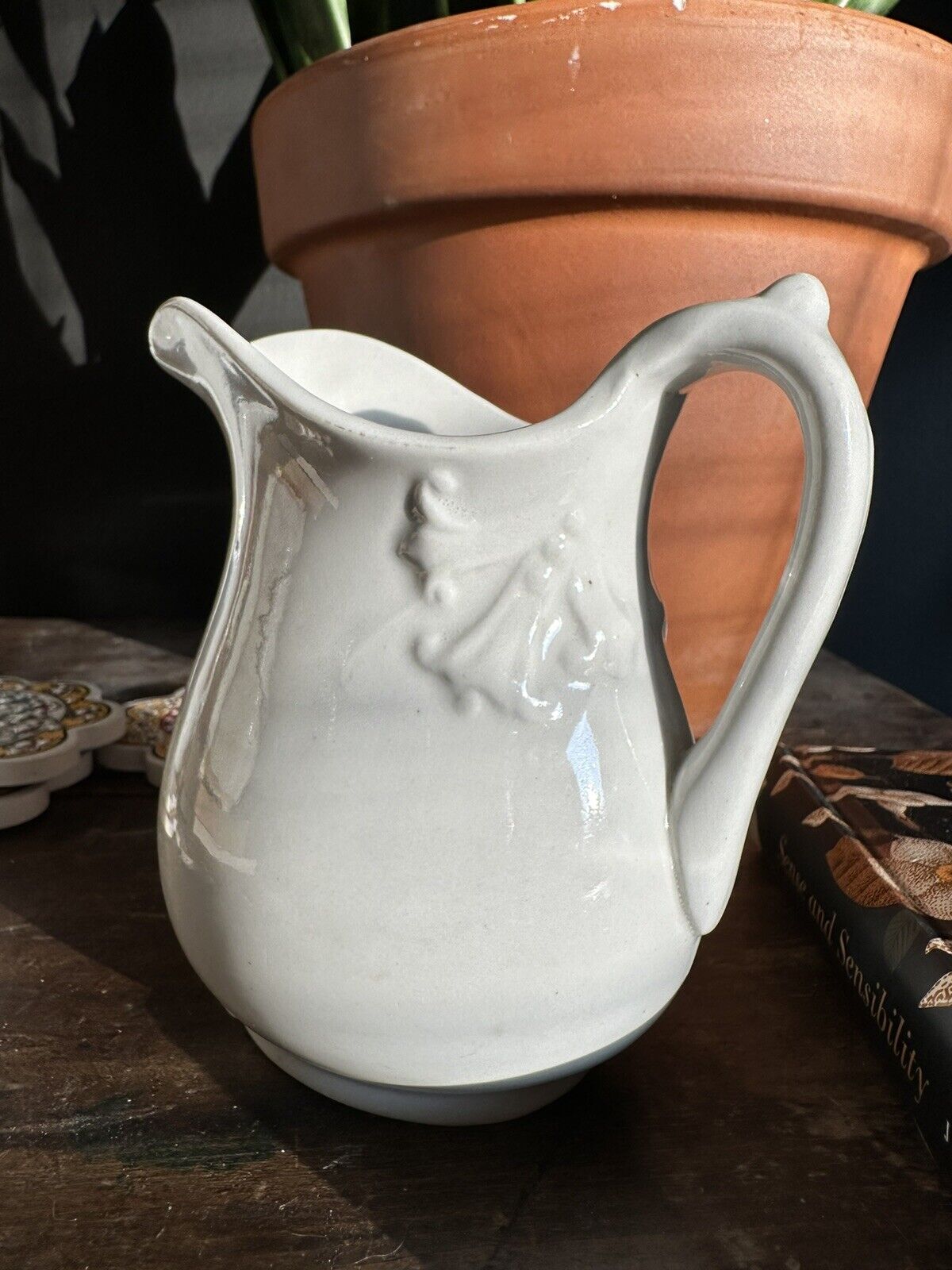 Rare Antique 1800\'s Mellor & Co White Ironstone Pitcher Embossed Flower 9\