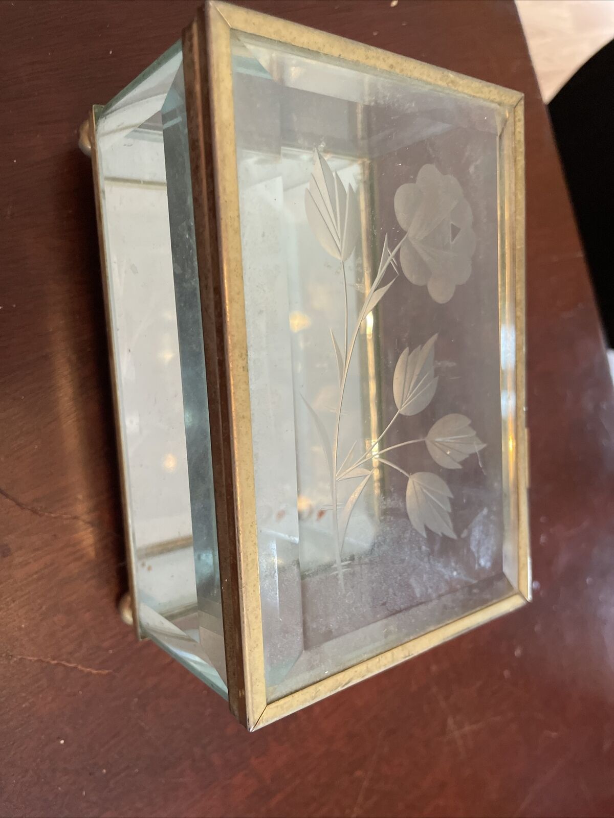 Vintage 1970s Glass Jewelry Box Etched Rose