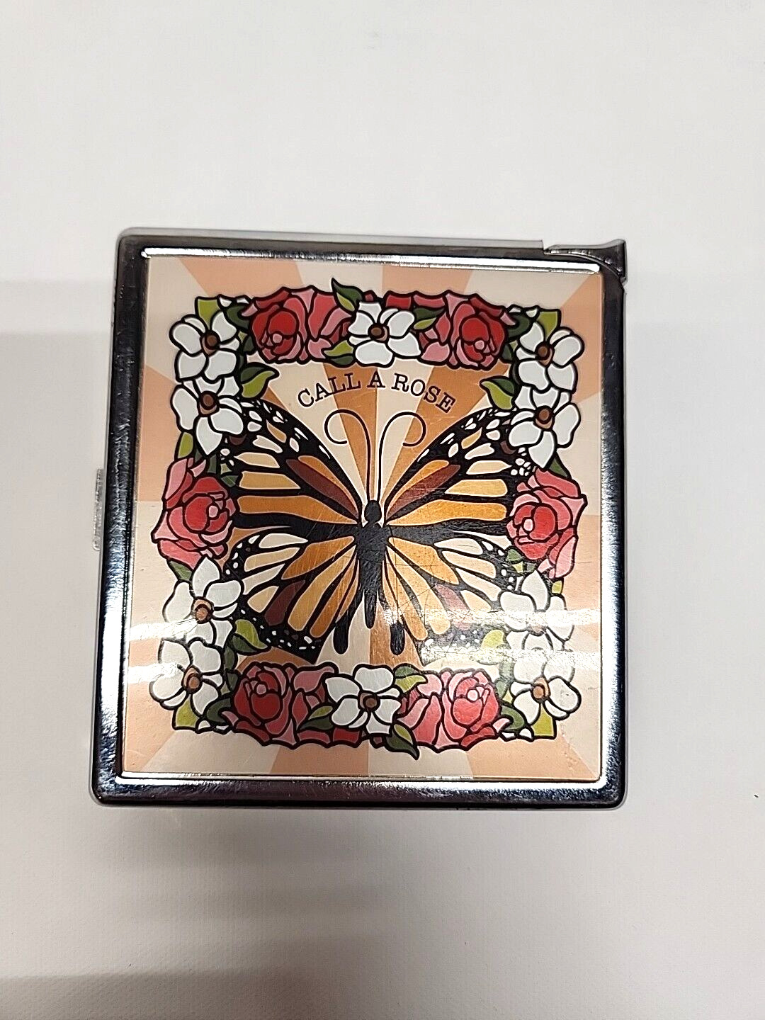 Call A Rose Metal Butterfly Rose Cigarette Case Holder with Refillable Lighter