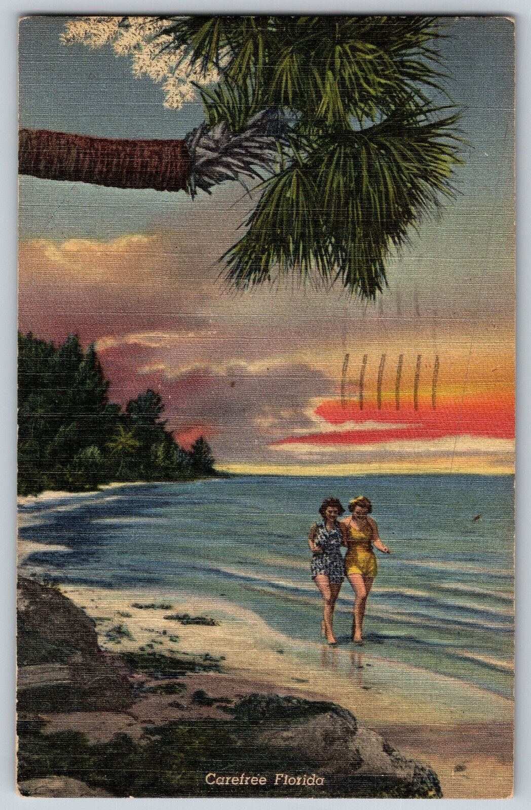 Warrington, Florida - Two Women Walking on the Seashore - Vintage Postcard