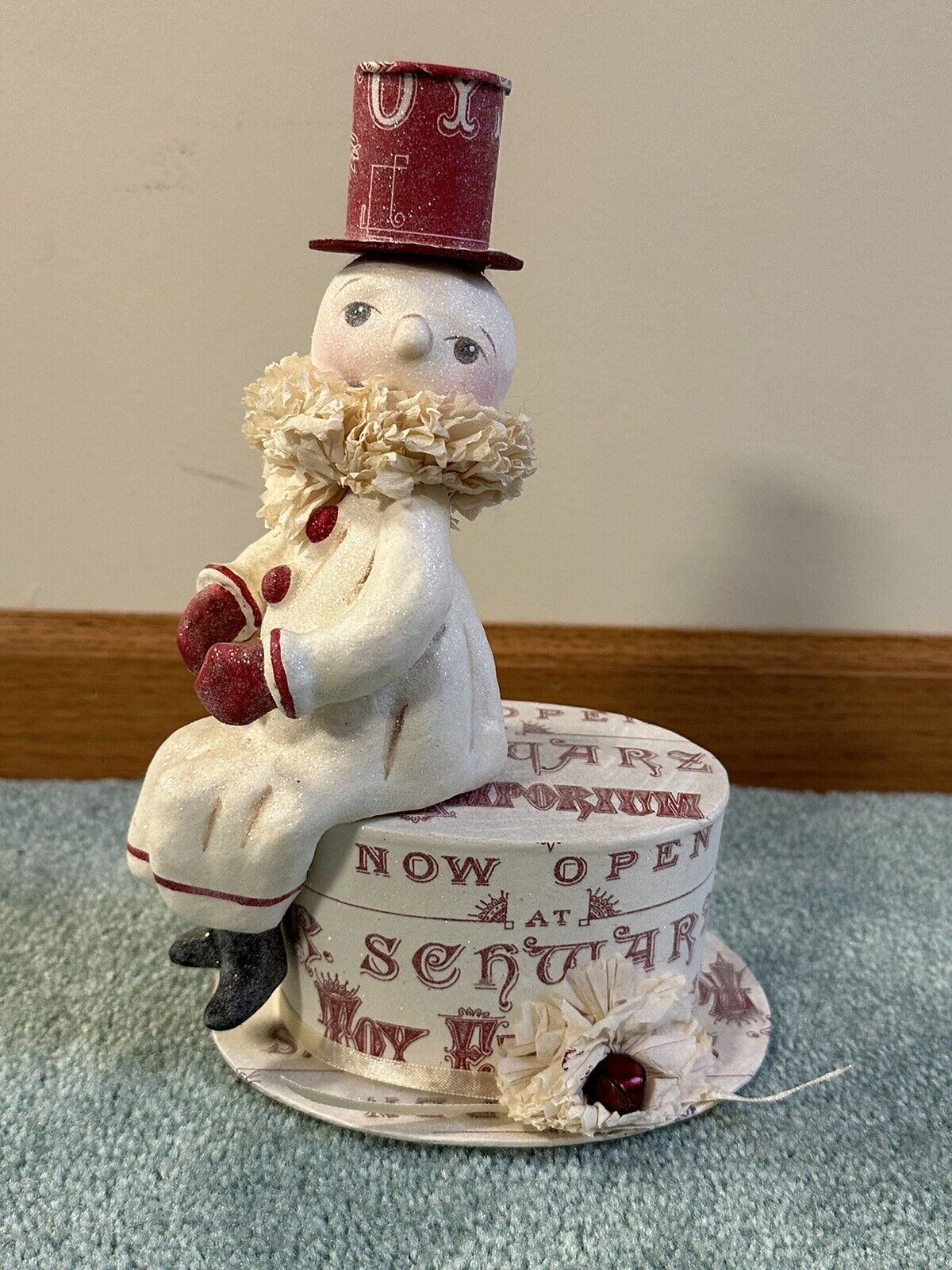 Dee Foust Bethany Lowe Snowman Paper Mache Red White Christmas Candy Box 9\