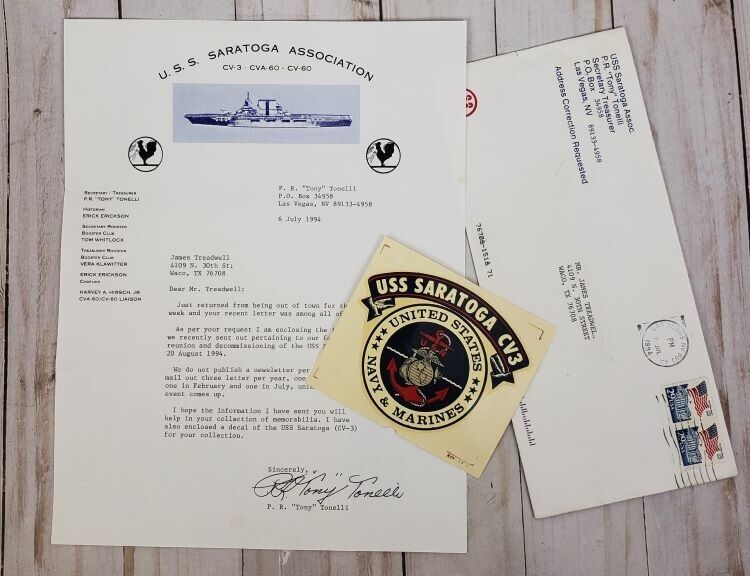 USS Saratoga Association Letterhead Requesting Decal Envelope U.S.S. Ship 1994