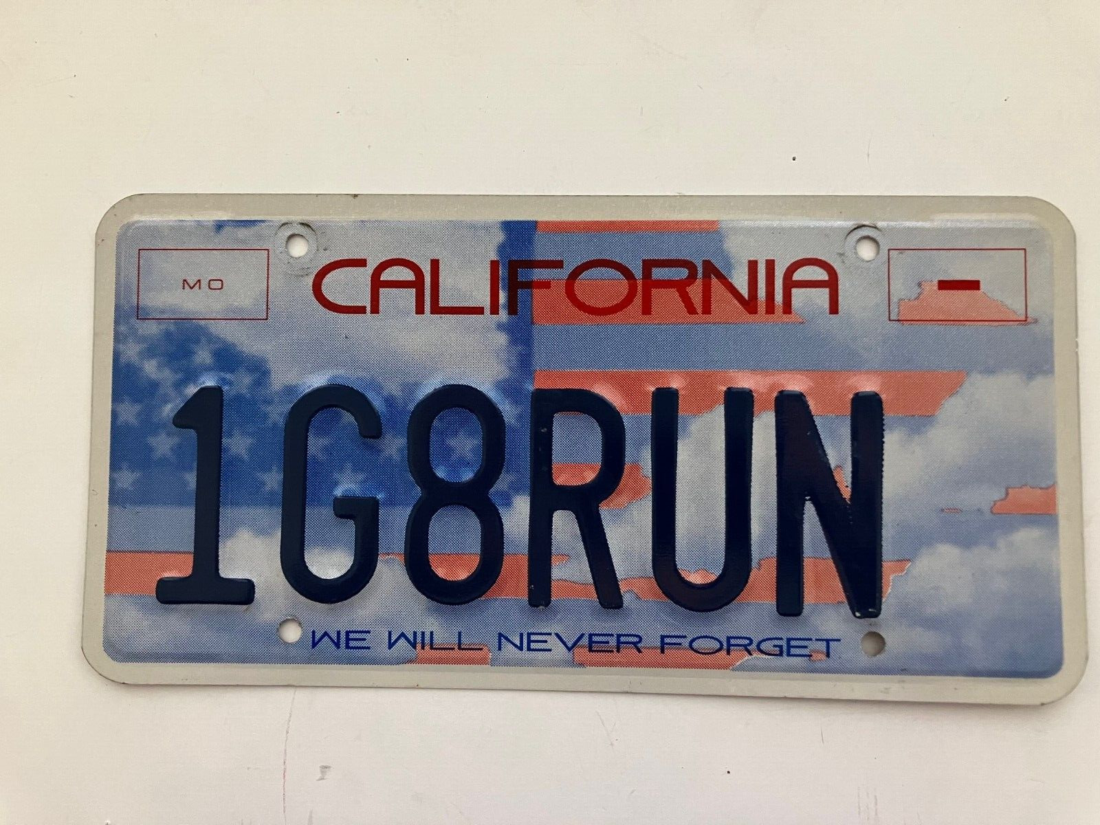 California Memorial License Plate 1G8RUN, One Great Run, Marathon Ultra 10K