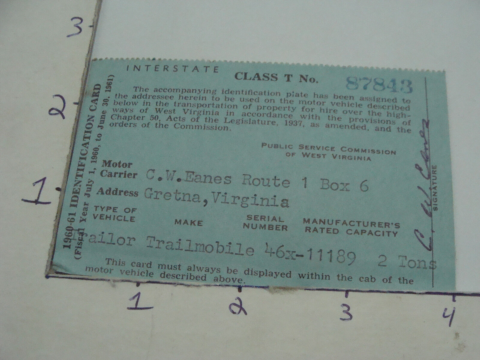 Vintage paper - DRIVERS LICENCE - WEST VIRGINIA - 1960-61 --  CLASS T - TRAILER