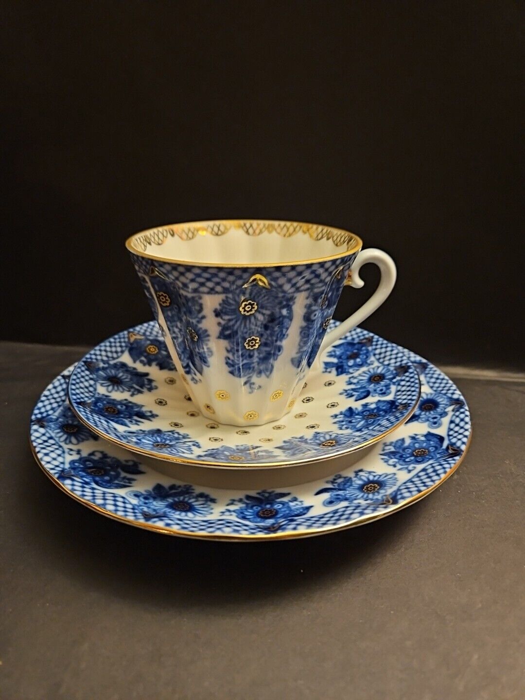 Vtg Lomonosov Fine Porcelain Blue Bridesmaid Tea Cup & Saucer With Desert Plate