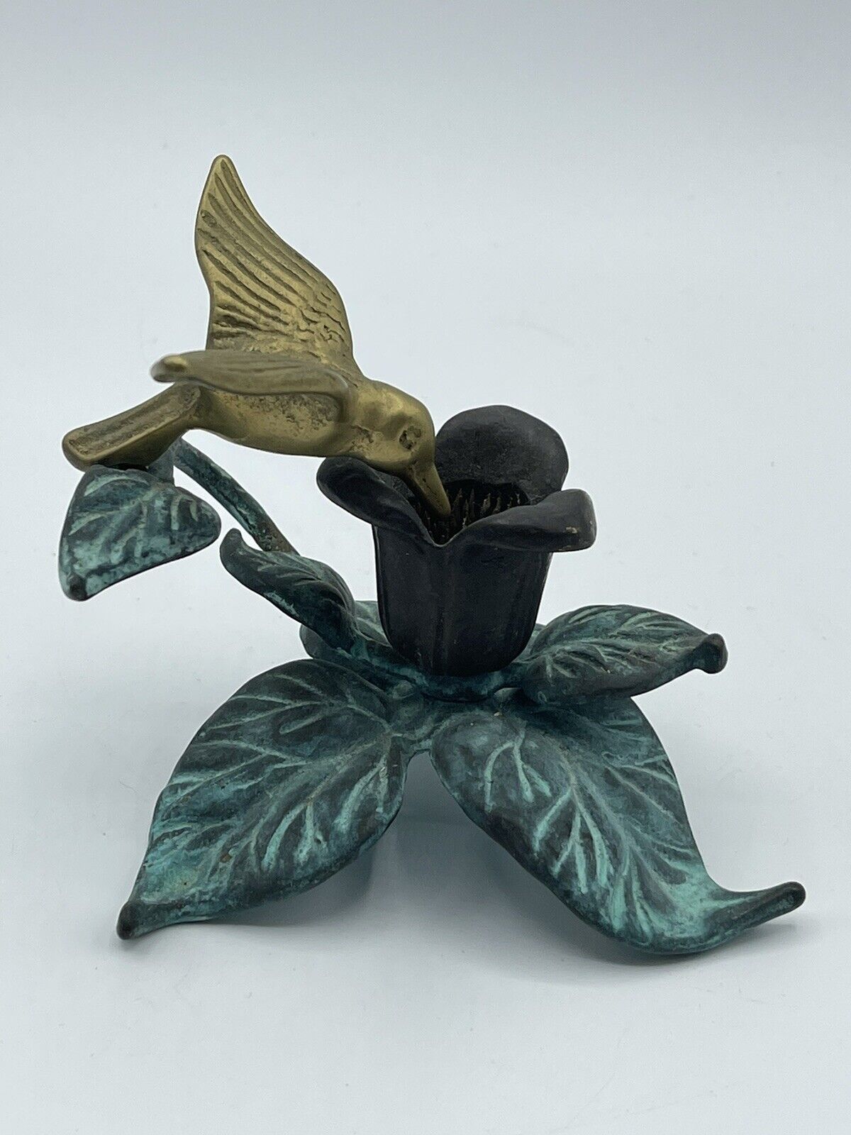 Andrea By Sadek Brass Verdigris Hummingbird Needle Flower Frog & Candle Holder 