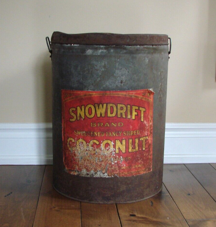 Antique Vintage Snowdrift Coconut Tin 1920s 25lb Steel Can General Foods Toronto