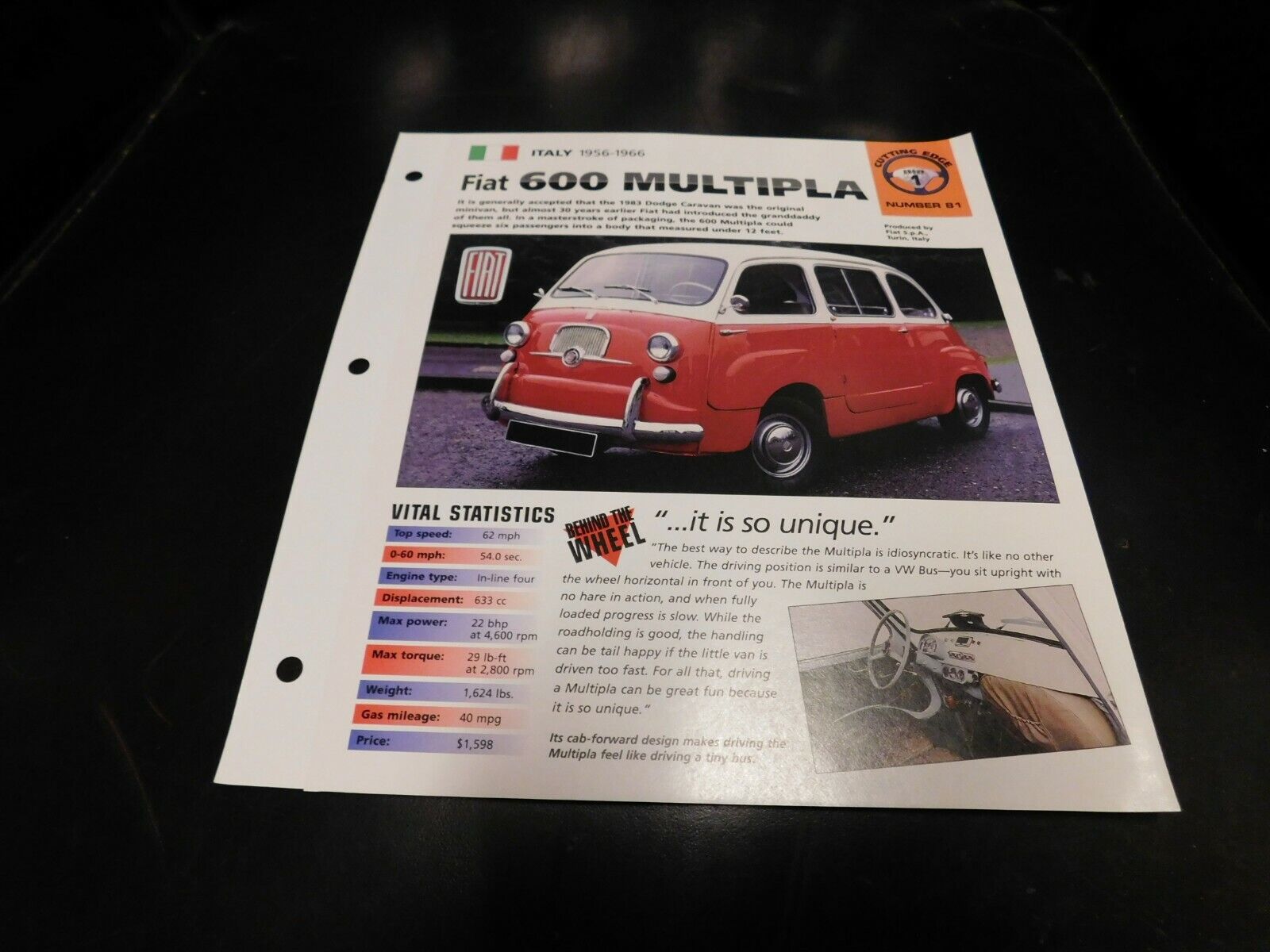 1956-1966 Fiat 600 Multipla Spec Sheet Brochure Photo Poster 57 58 59 60 61 65 