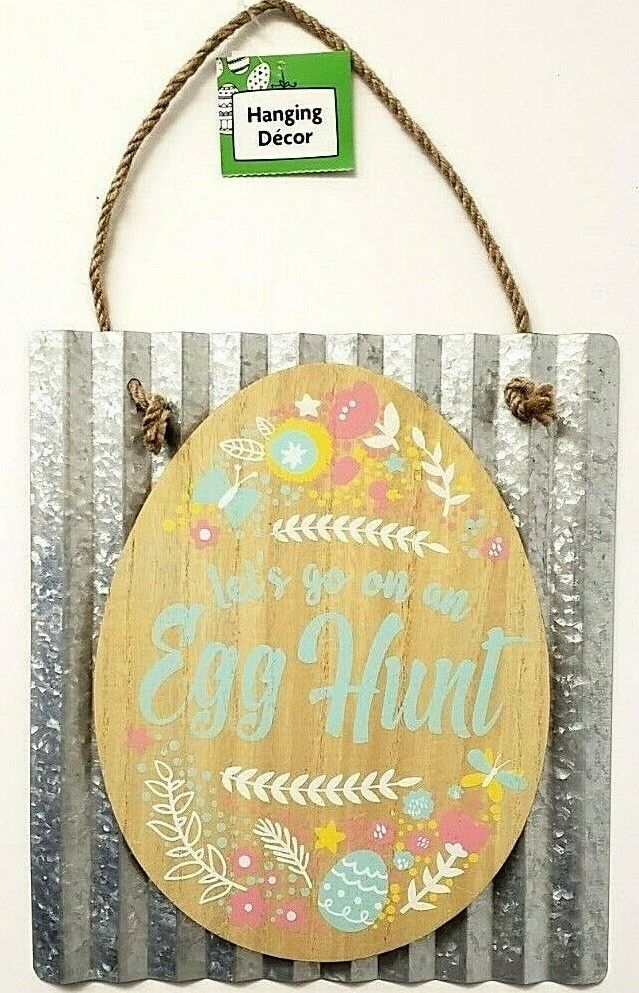 Let\'s go on an Egg Hunt Wall Sign Metal & Wood Easter 11 1/4\