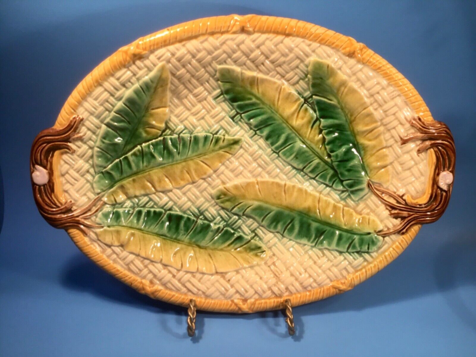 Antique Majolica Banana Leaves on Basketweave Platter c.1800\'s