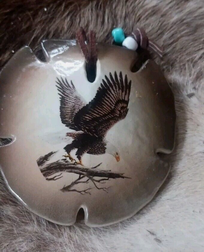 **AWESOME  NATIVE AMERICAN SAND DOLLAR  GORGET HAND  PAINTED EAGLE REGALIA **