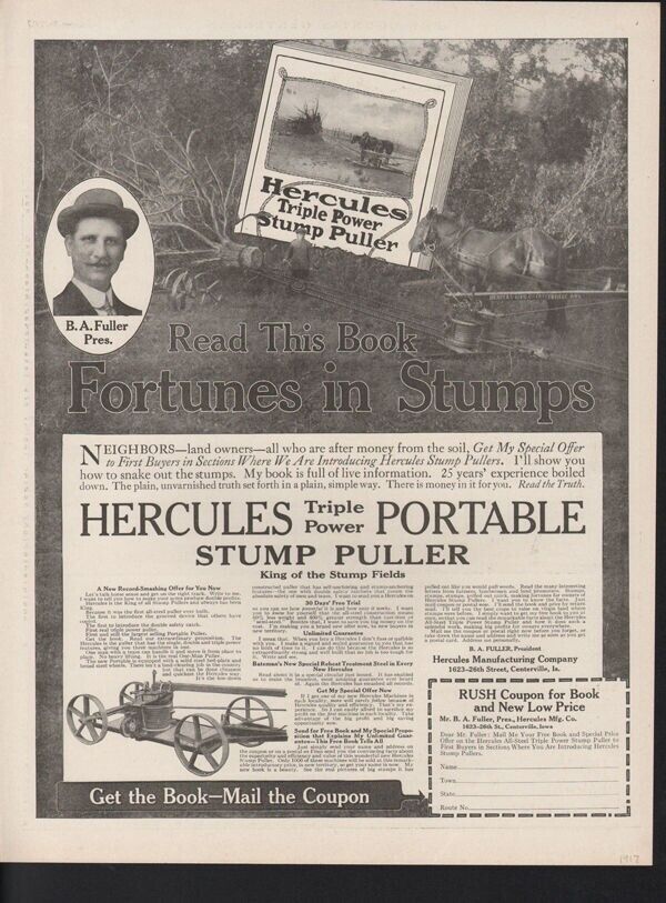 1917 HERCULES PORTABLE STUMP PULLER AGRICULTURE FARM FIELD CENTERVILLE16972