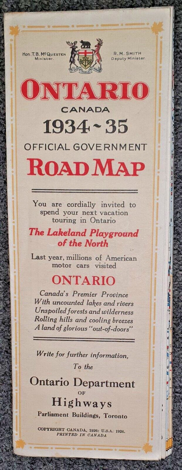 1934 - 1935 ONTARIO CANADA OFFICIAL GOVERNMENT ROAD MAP EX COND