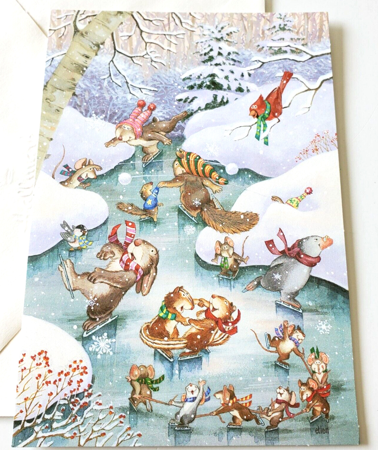 Vintage Christmas Card Hallmark Cute Mice Bunnies Ice Skating Cardinal Chipmunk