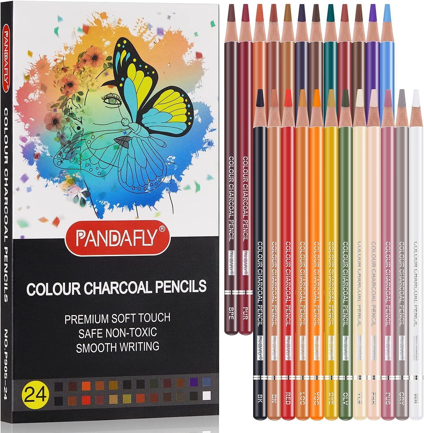 PANDAFLY Professional Colored Charcoal Pencils 1 Count (Pack of 1), 24 Colors 