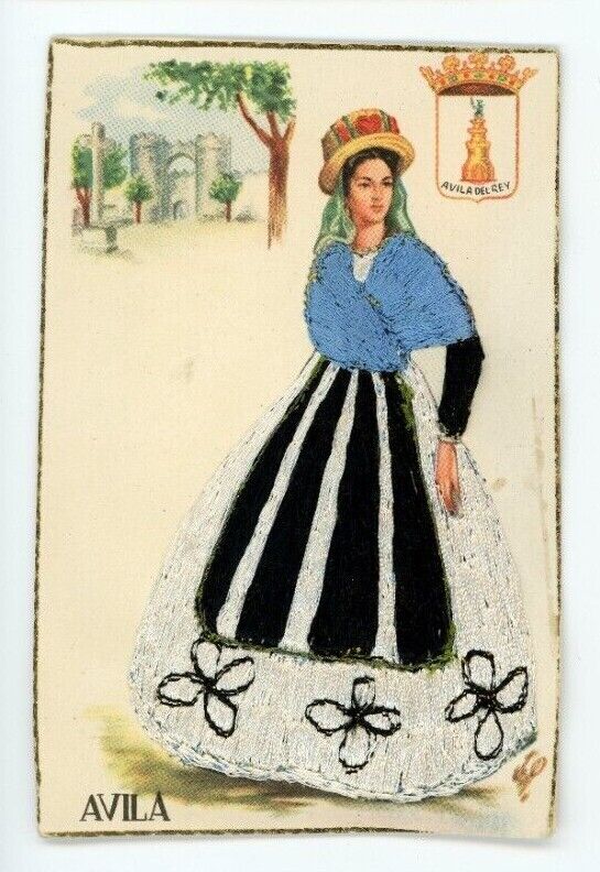 Postcard Avila, Black/White Dress Silk Embroidered Madrid, Spain T29