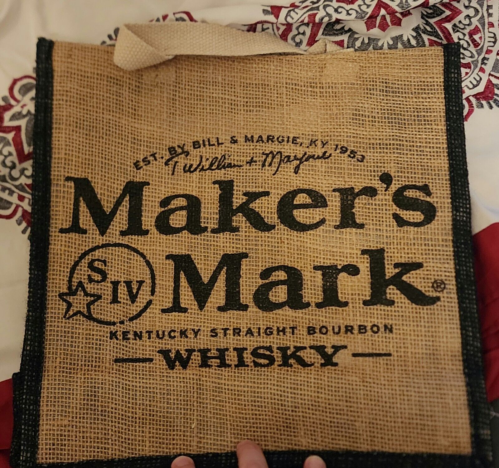 Maker\'s Mark Bourbon Whiskey Bottle Plastic Lined Burlap Tote Bag - New
