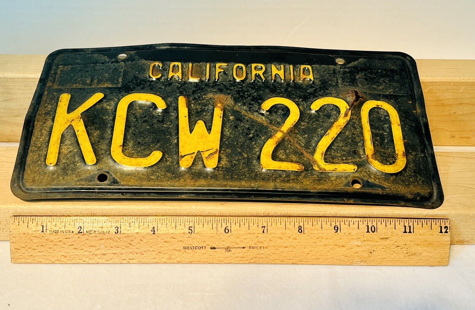 Vintage 1963 California Black License Plate KCW 220 Original Paint; Bullet Hole