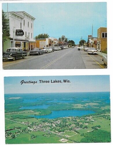 Three Lakes Wis~Street Scene + Aerial Lake View~Souvenir Postcards~Written \'66
