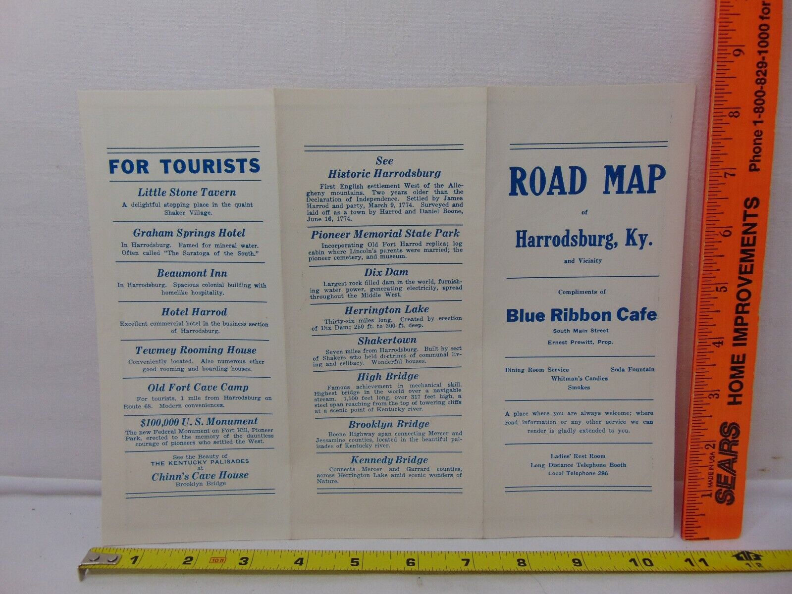 VINTAGE 1930\'S ROAD MAP HARRODSBURG KY BLUE RIBBON CAFE ADVERTISING RARE 