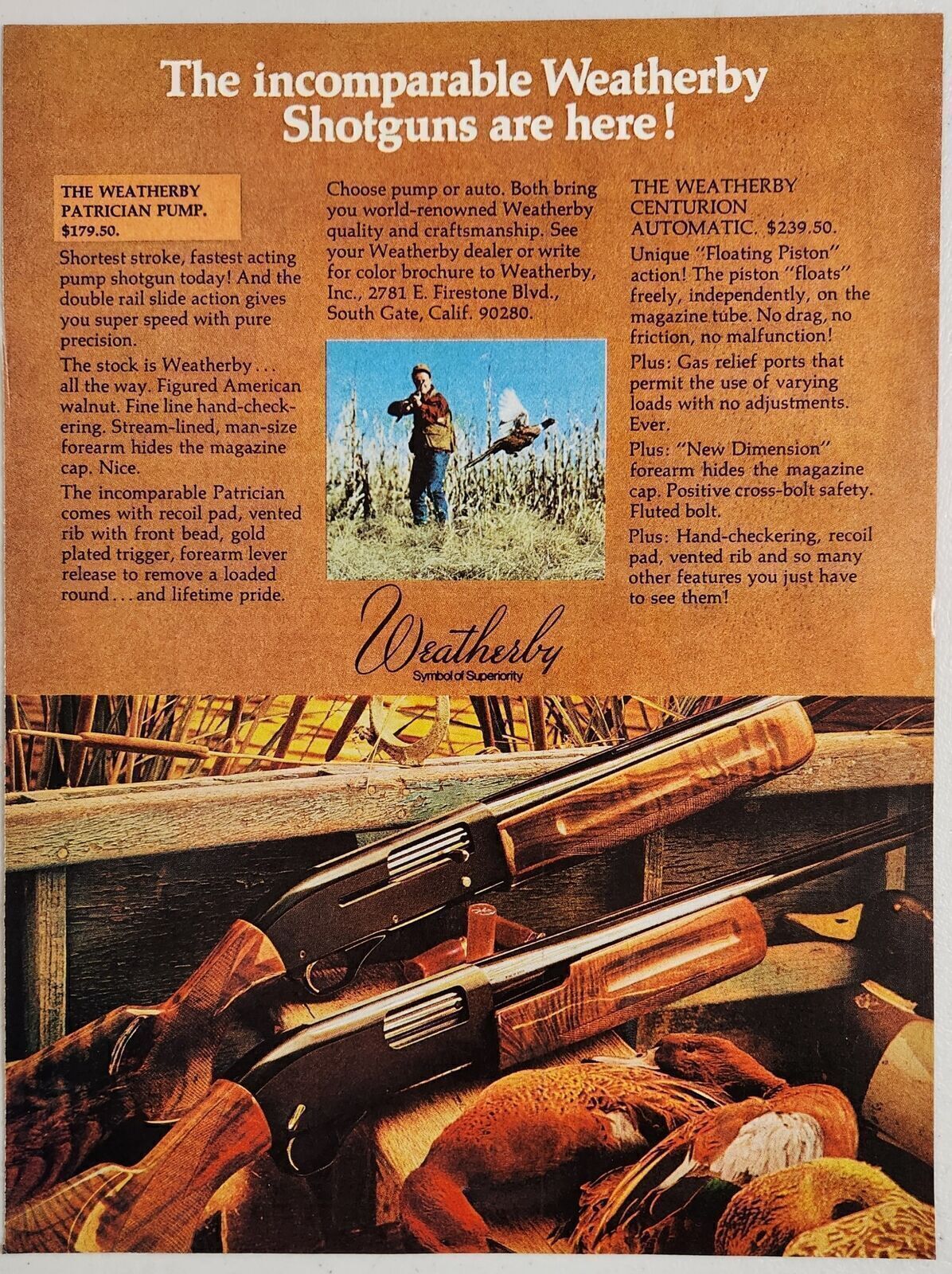 1972 Print Ad Weatherby Patrician Pump Shotguns & Centurion Auto South Gate,CA