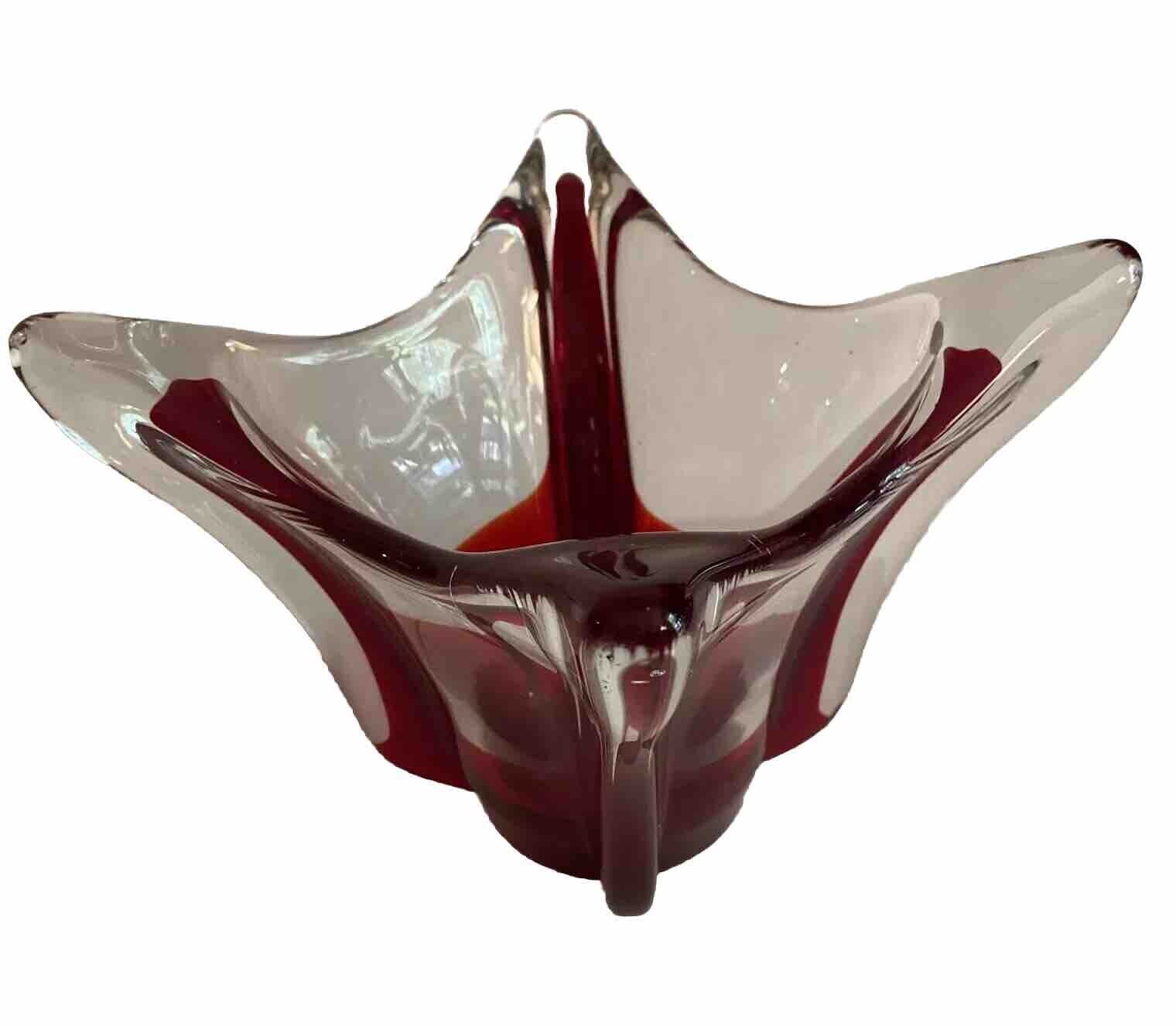 Mid-Century Venetian Art Glass Murano Style  Red Pulled Glass Bowl CHRISTMAS
