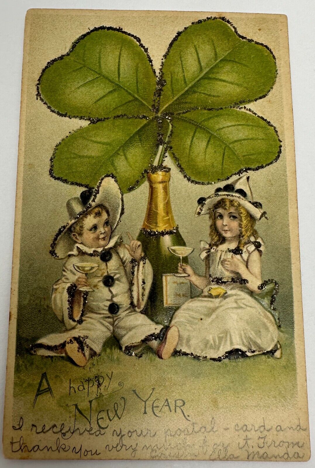 Vintage Embossed 1906 A Happy New Year Four Leaf Clover Glitter Post Card
