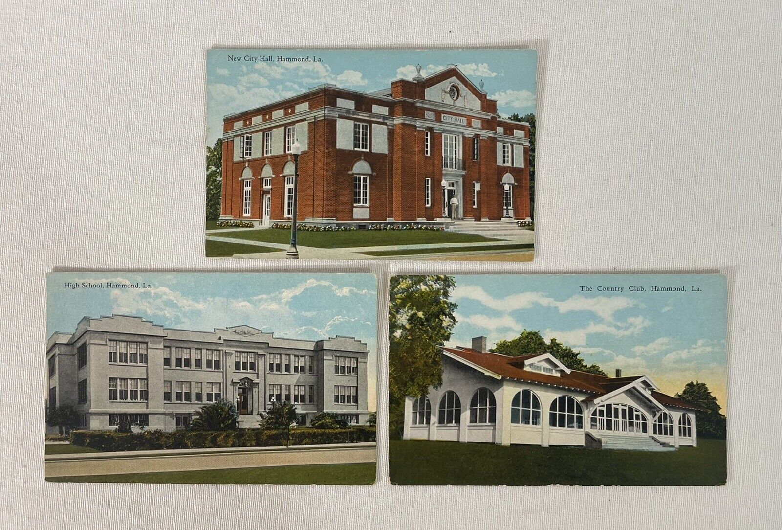Three Postcards, Hammond Louisiana: City Hall, High School, Country Club
